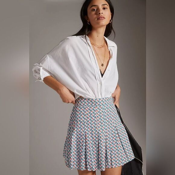 Anthropologie Maeve Pleated Mini Skirt Blue Geometric Floral Plus Size 4 - Picture 1 of 11